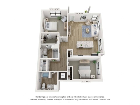 Floor plan for 2 beds, 2 baths, 1171 sqft